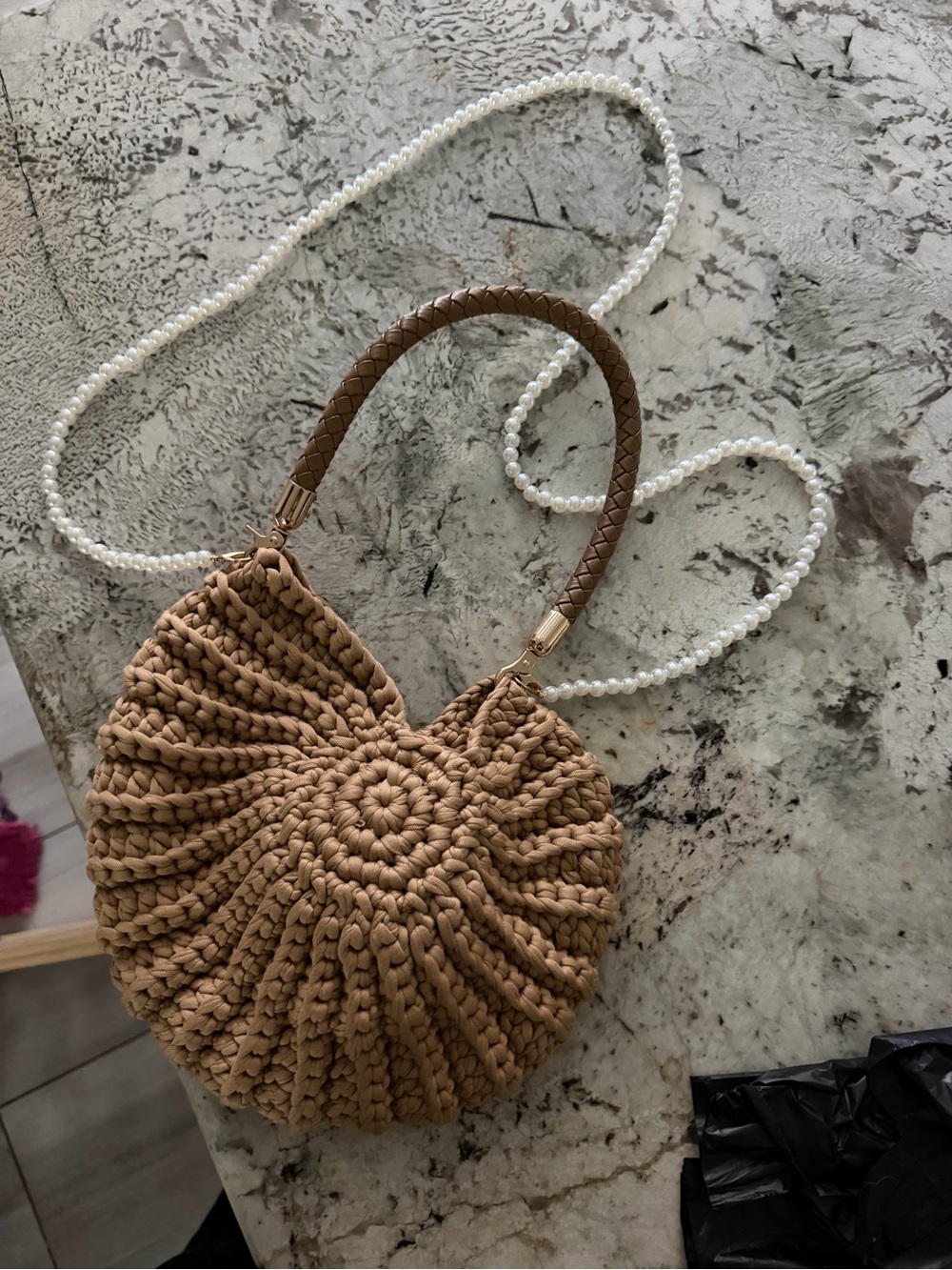 Shell shaped Braided Round Straw Crossbody Bag in Tan with Pearl Strap